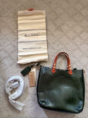 Old Trend Dark Green Leather Crossbody Tote with Tan Handles